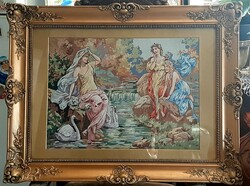 Wonderful large antique handmade micro tapestry in a beautiful blondel frame 86cm x 66cm with a nymph scene
