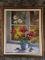 Lukács Sántó: geraniums in the window c. Contemporary oil painting