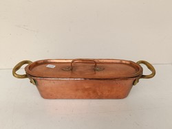 Antique kitchen tool, fish fryer, small pot with lid, tinned red copper 727 8521