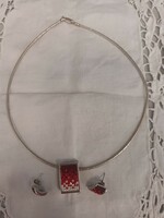 Old handmade silver red and white swarovski stone set chain, pendant, earrings for sale!