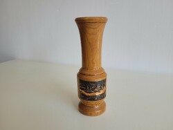 Vintage Retro Balaton Memory Mid-Century Souvenir Copper Lake Map Decorated Wooden Vase