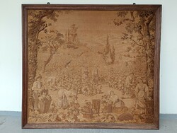 Antique large wall tapestry in a frame wine cellar grape harvest wine making motif 626 8551