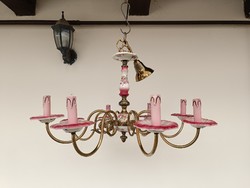 Antique 8-arm rose motif Flemish chandelier with porcelain insert with original candles + 8 new bulbs 885 8561