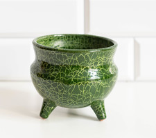 Green retro ceramic vase, small pot in the shape of a witch's cauldron, Gorka geza style