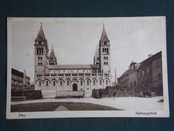 Képeslap, Postcard, Pécs, Székesegyház látkép ,sétatér részlet, 1934