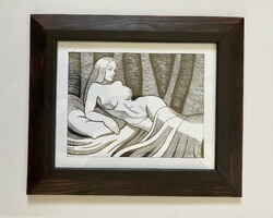 Female nude ink drawing with frame