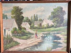 Hungarian farm life - the end of the village with a stream and geese marked around 1950!