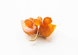 Old Russian amber stone lily flower brooch with gilded details