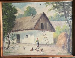 Magyar tanyasi életkép - Csirke etetés 1950 körül jelzett!