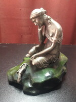 Girl mourning her broken jug - old Russian pewter sculpture