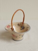 Old glazed porcelain basket flower pattern with twisted bamboo handle, Easter decoration, display case