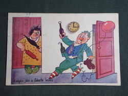 Képeslap, Postcard, artist,humor,móka,kacagás,vicc ,grafikai rajzos,fekete leves, 1944
