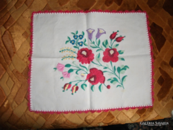 Antique handwork Kalocsa patterned linen small tablecloth, hemmed around,