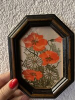 Fairy silk picture with poppies and daisies in an octagonal wooden frame.