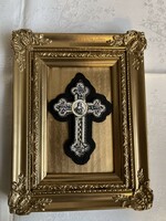 Beautiful Murano micromosaic cross from 1925 in a wooden frame,