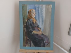 (K) Szignózott (Rompai) portréfestmény 50x70 cm paszpartuval   vászonra