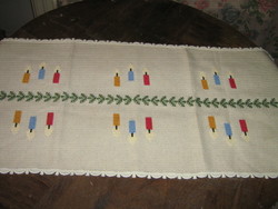 Beautiful Christmas cross-stitch embroidered table runner with lace edge