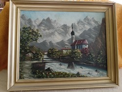Oil painting by A. Dihlman - mountain landscape with church HUF 39,000