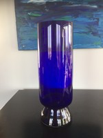 Magas, vastag talpú kék kristályüveg váza (FSZ)