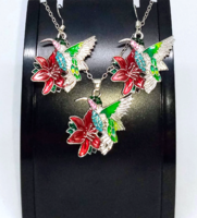 Red hibiscus and hummingbird necklace-earring set 104