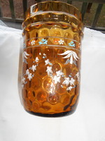 Antik  zománcfestett--virág mintás  üveg váza 17 cm- optikailag alakított buborékos üveg