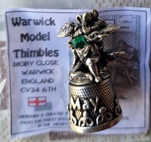 English metal thimble in original packaging with mineral green natural stone