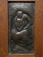 Sculptor Rezső Benkő (1912-1987) mother and child 1969 hammered bronze wall picture in a wide wooden frame
