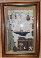 Old handmade meticulously crafted sailing ship and accessories 3d collage