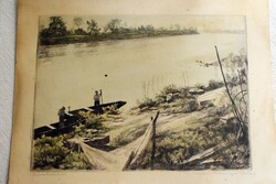 Csáki-Maronyák József , varsa halászok , színezett rézkarc 48 x 38 cm