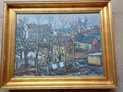 His painting by Russian Gellért: snow-spotted landscape is for sale