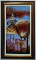 Szatmári Ottília "Francia szerenád" c. olajfestmény keretben, ingyen posta