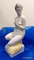 Hollóháza hand-painted, large-sized porcelain kneeling female nude statue.