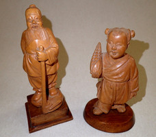 2 Pcs old vintage carved marked Chinese Japanese East Asian carving wood figure statue wood carving