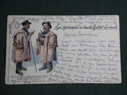 Postcard, published by Gábor Góre, artist, graphic, humor, shepherd, foal, rural folk costume, 1900