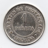 Spain s. Martin de provensals barcelona 1 Spanish peseta, 1907, rare