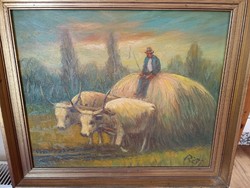 Reti ... Oil painting of an ox cart with a gold frame