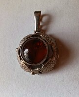 Antique silver fish pendant / pendant with dark amber stone
