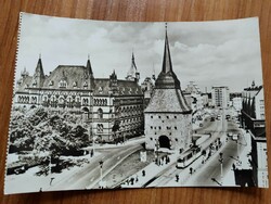Németország, Rostock, Kőkapu, villamos, postatiszta képeslap