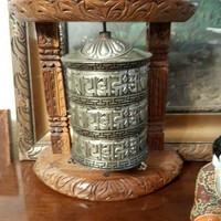 Tibetan Buddhist rotating prayer wheel - carved wood-copper-Tibetan silver large size