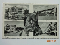 Régi postatiszta képeslap: Szeged (Kultúrpalota, Tiszahíd, Tiszapart, Lourdesi barlangkápolna