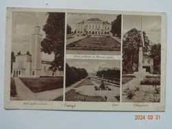 Old postcard: csurgó, details (heroic monument, crown hotel, national flag, main square, etc.