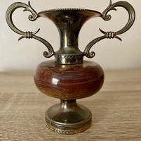 A small vase with a chiseled handle and a brown marble belly, an extra rare special mineral stone vase