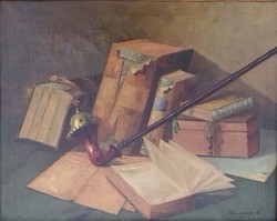 Sándor Nádory: still life with book and pipe. Signed, antique oil painting.