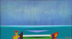 László Óvár (1926 - 1988) waterside vi.. C. Oil painting with original guarantee!