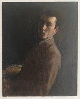 Désső Gypsy (1883-1937)? : Painter portrait with palette. Oil painting.