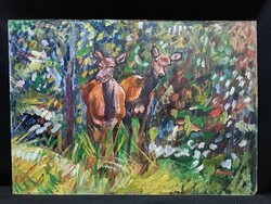 Monos József - Őzek olaj, farost 50x70 cm - Vadászat