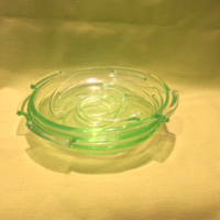 Green glass bowl, small plate with handle (3 pieces)