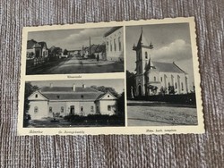 Bányve. Gr. Serényi - castle, part of street, ruins. Kath.Church on an old black and white postcard.