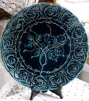 Schütz blansko large antique majolica wall plate with rose pattern, grape leaves, ink blue