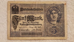 1917 German 5 marks (darlehnskassenschein, f+) | 1 banknote
